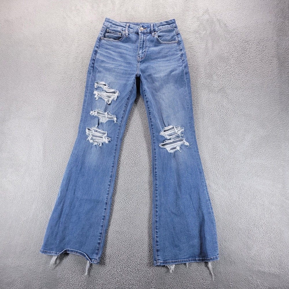 American Eagle Jeans Womens 4 Blue Curvy Super High Rise Flare Distressed Boho